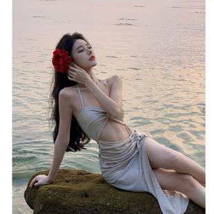 亮丝性感女神抹胸V领镂空露腰扭结修身 辣辣女装 开叉吊带连衣裙