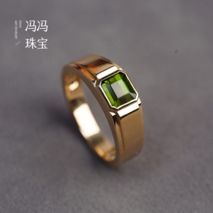 冯冯珠宝 天然方绿碧玺宝石男士戒指男生指环18K黄金简约经典款