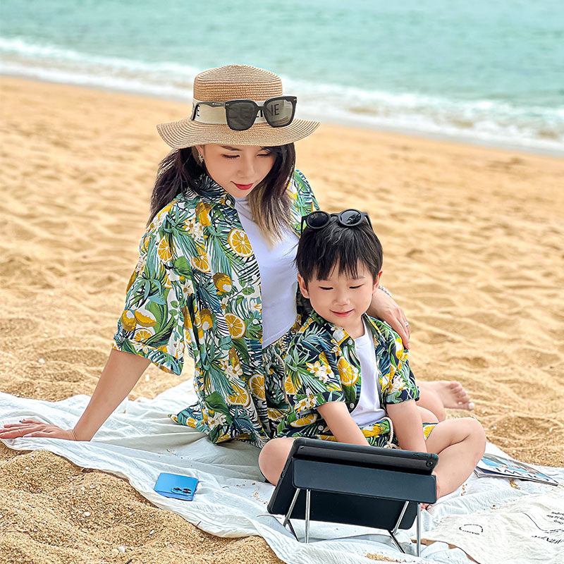 海南度假亲子装花衬衫套装2024新款轻薄透气男童花衬衣短袖翻领潮