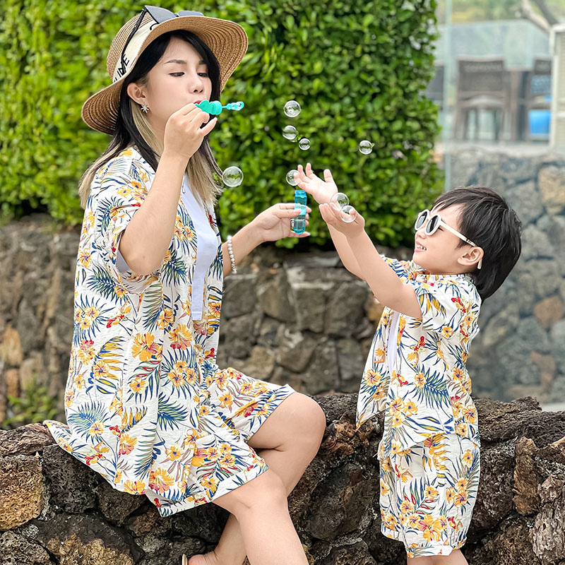 夏威夷度假花衬衫亲子俩件套复古