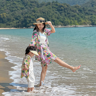 MIMY夏威夷度假男童花衬衫亲子装2023夏季新款薄款海边花衬衣套装