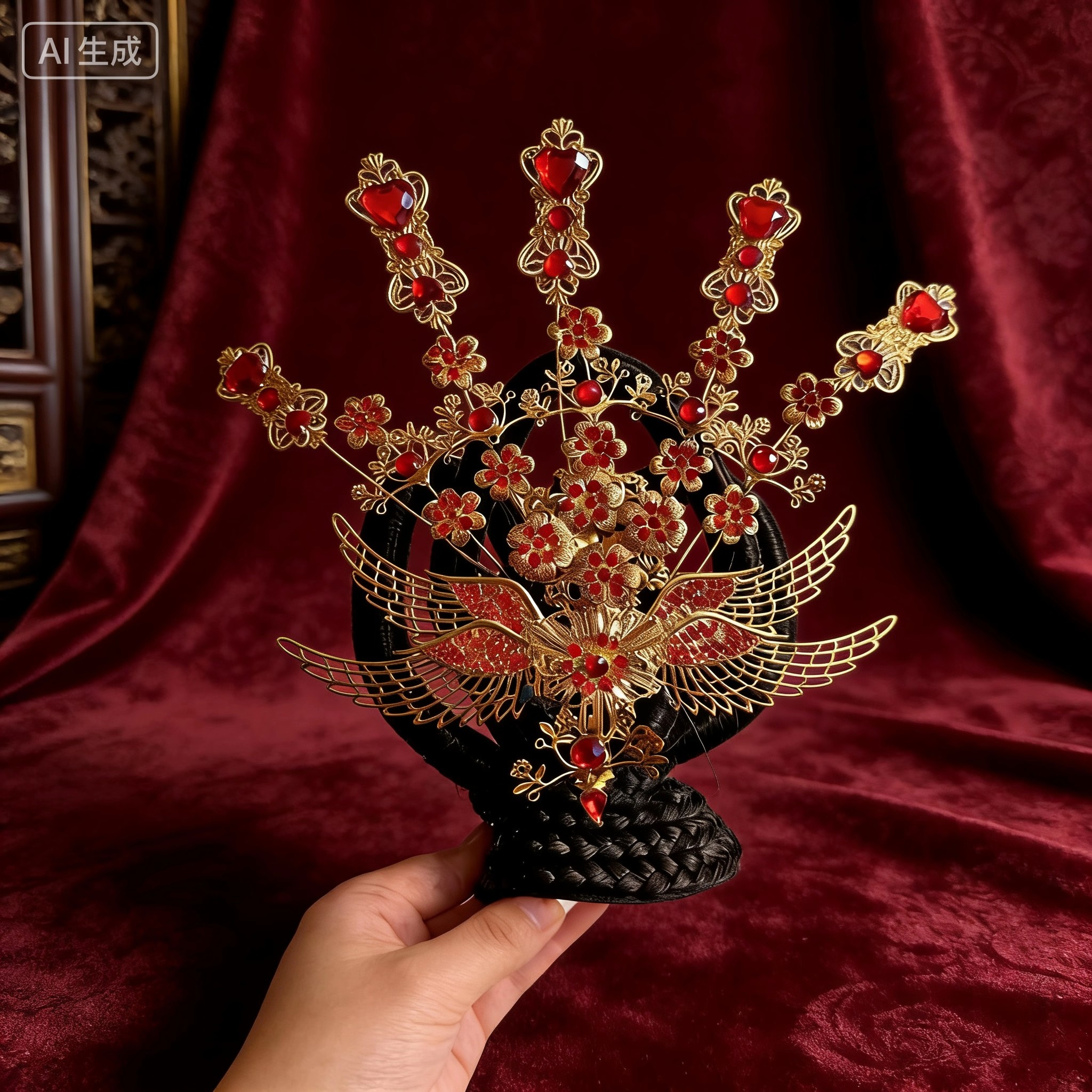 古风中式凤冠头饰女红宝石金色翅膀花朵演出发饰古装配饰中式头饰