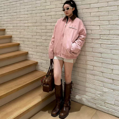 张元英粉色灯芯绒外套女2025秋冬撞色翻领拼接宽松加厚加棉外套