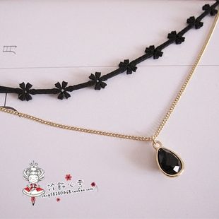 【诠饰心意】五瓣花黑带金属链水滴坠双层项链颈链短款项圈女潮