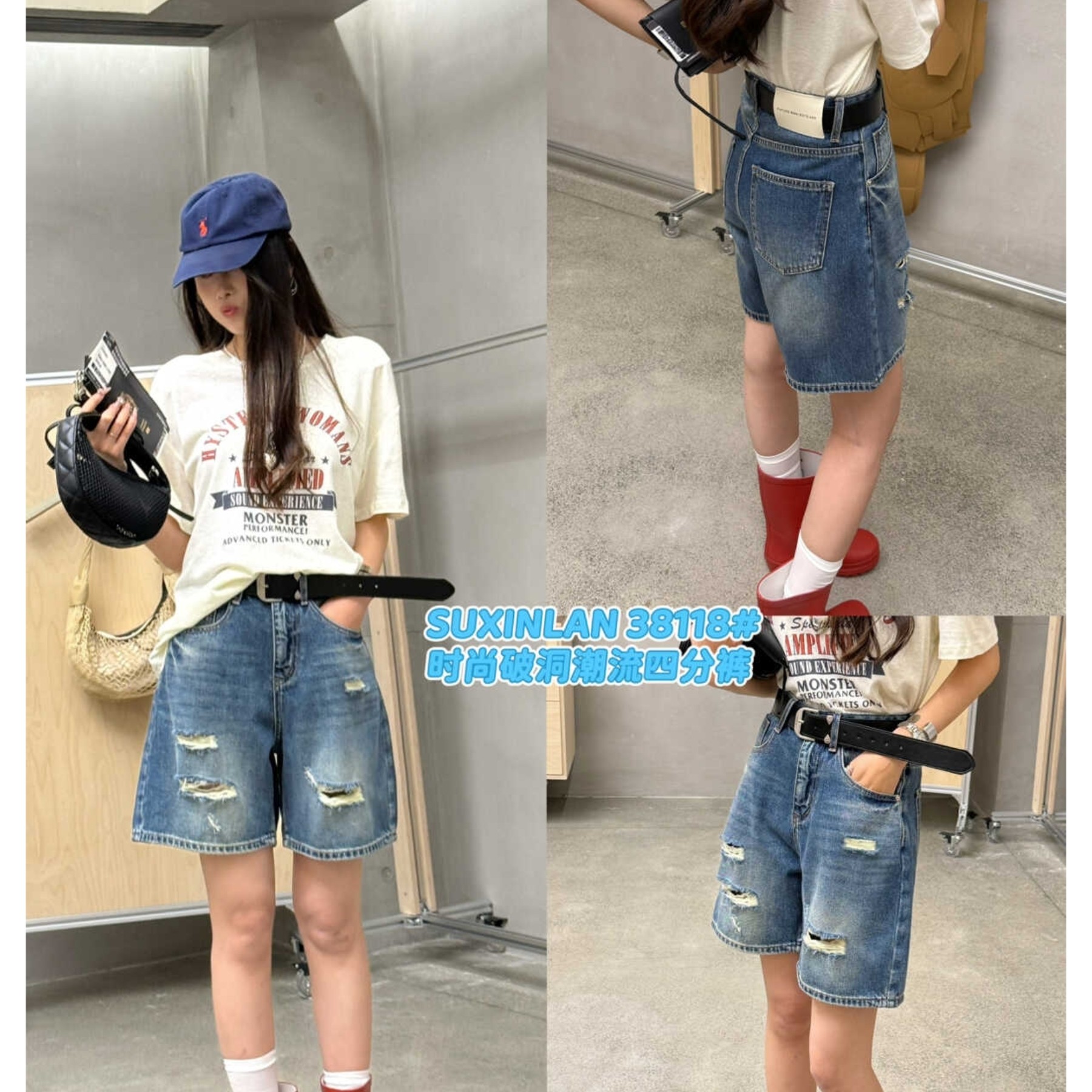 素心兰街头风宽松时尚破洞个性四分裤牛仔短裤直筒宽松显瘦中裤潮