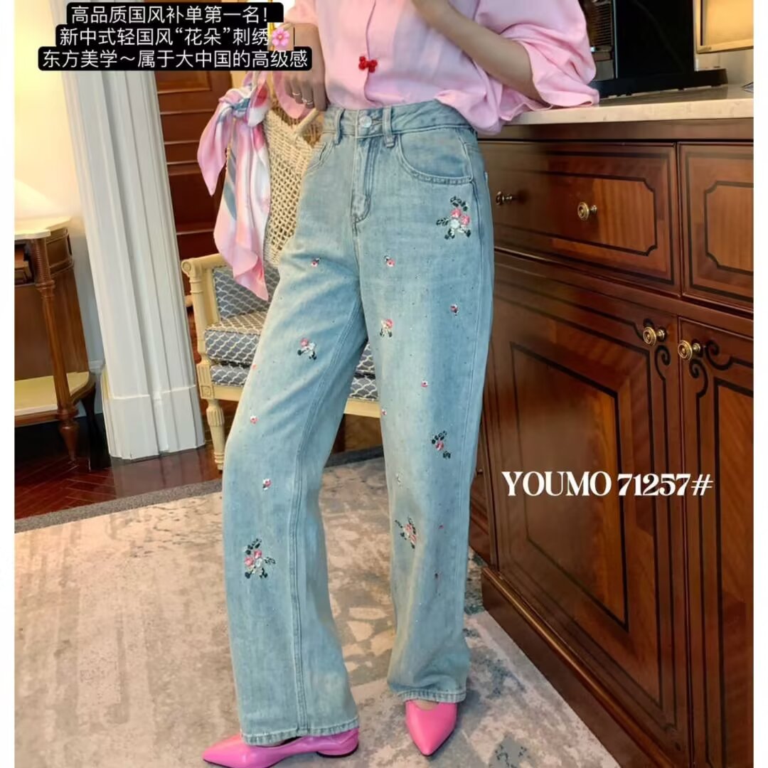 有陌YOUMO复古怀旧蓝国风刺绣花朵牛仔裤女高腰显瘦直筒阔腿裤子