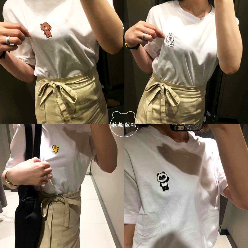 LINE FRIENDS x SPAO布朗熊短袖T恤2018纯棉刺绣男女同款新款