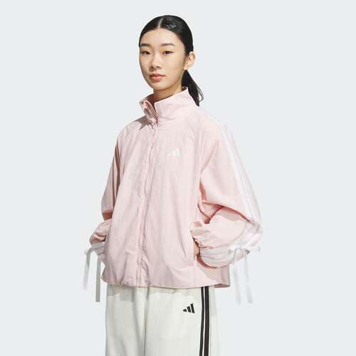 阿迪达斯2025春女梭织夹克拒水防泼蝴蝶结休闲宽松外套套装KB0086