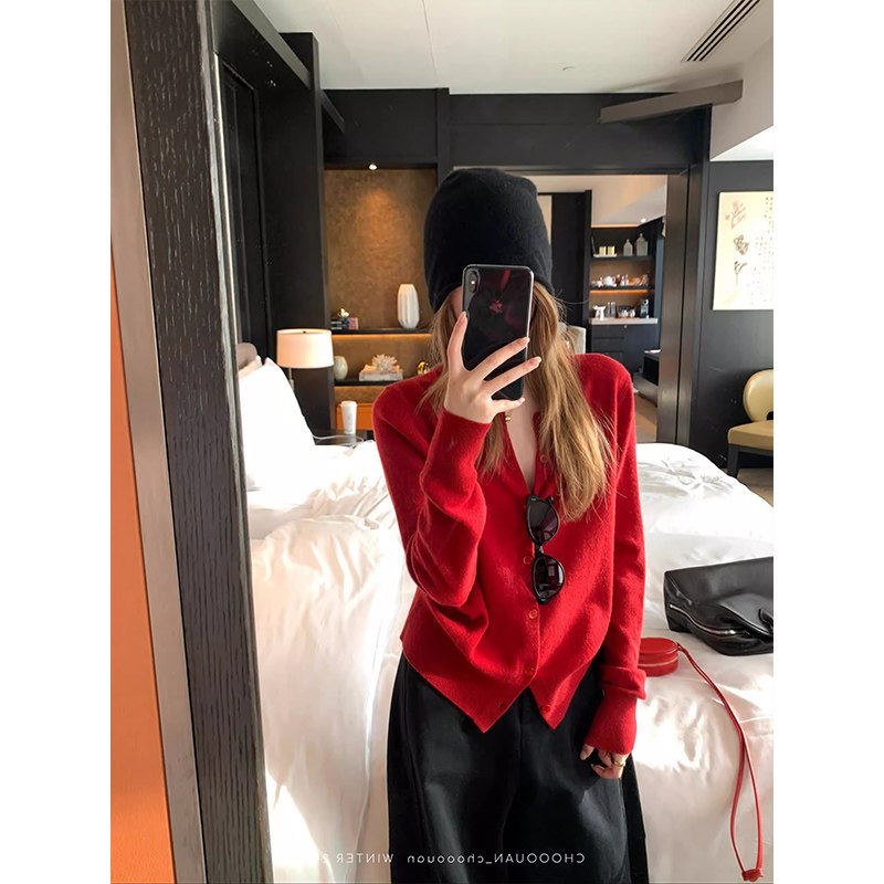 安可拉红长袖针织开 衫女早春季设计感韩系小众宽松毛衣内搭打底,个性定制/设计服务/DIY,棉服工装,淘宝优惠券,粉丝福利购,淘宝优惠卷