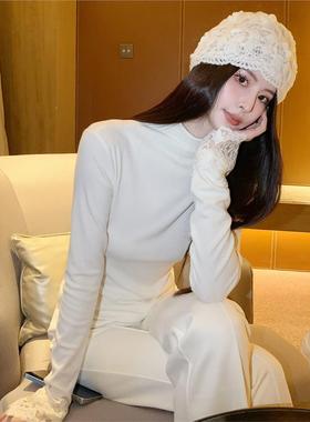 KUN【奶油枫糖】米白色半高领内搭打底衫女长袖假两件针织衫上衣