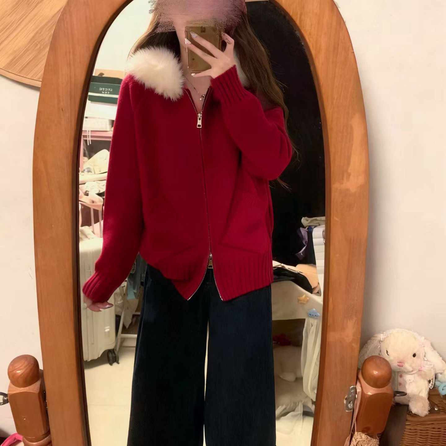 圣诞新年连帽毛领毛衣外套女秋冬加厚宽松外穿慵懒风针织开衫卫衣