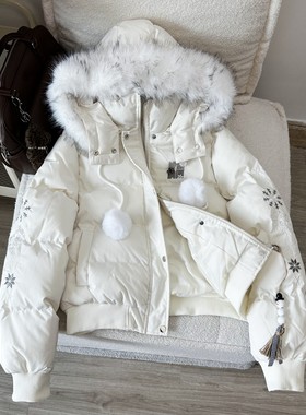 Nuneon美式复古刺绣雪花毛领短款连帽加厚棉衣女冬季保暖棉服外套