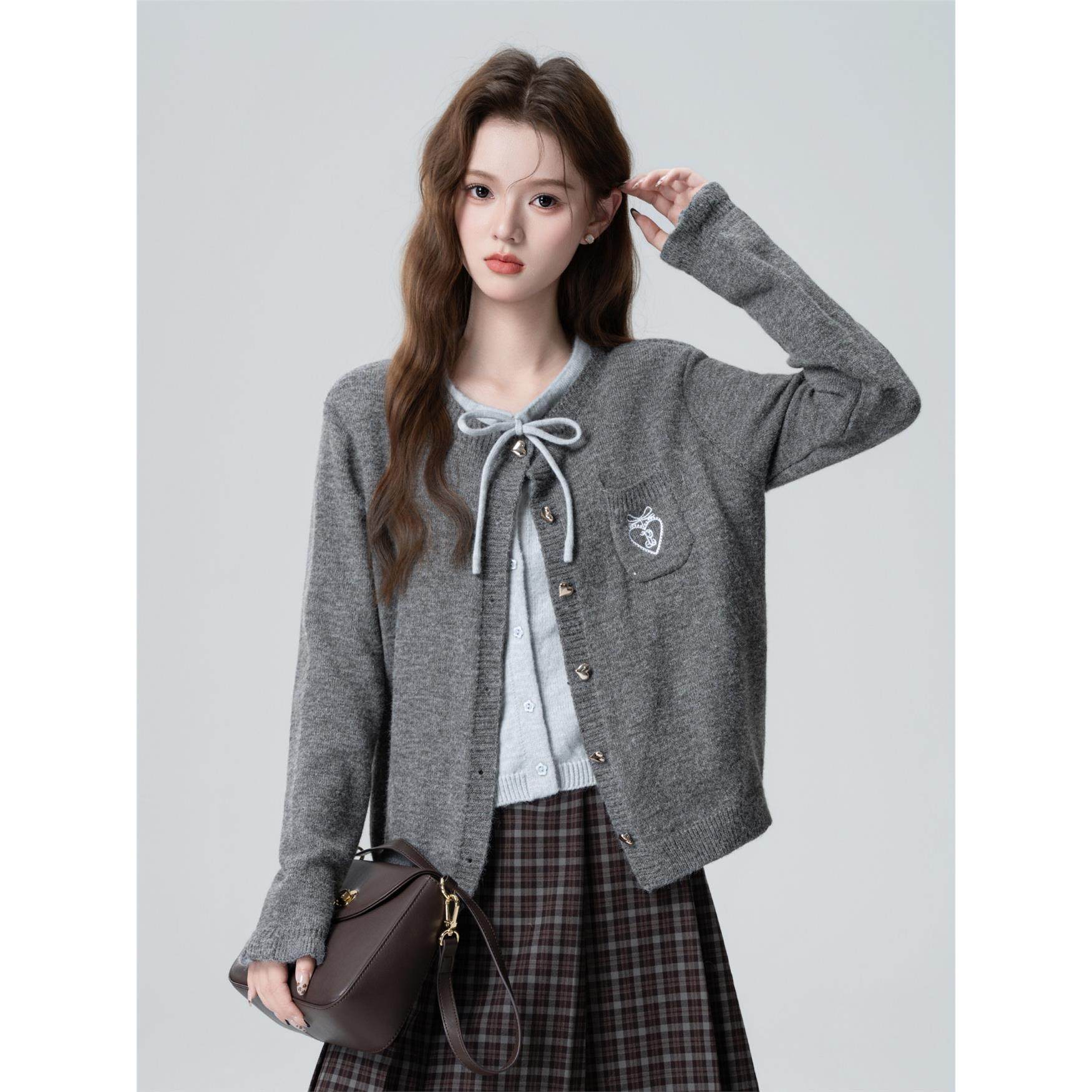 深灰色蝴蝶结针织开衫女春秋2025秋季新款假两件毛衣外套短款上衣,个性定制/设计服务/DIY,棉服工装,淘宝优惠券,粉丝福利购,淘宝优惠卷