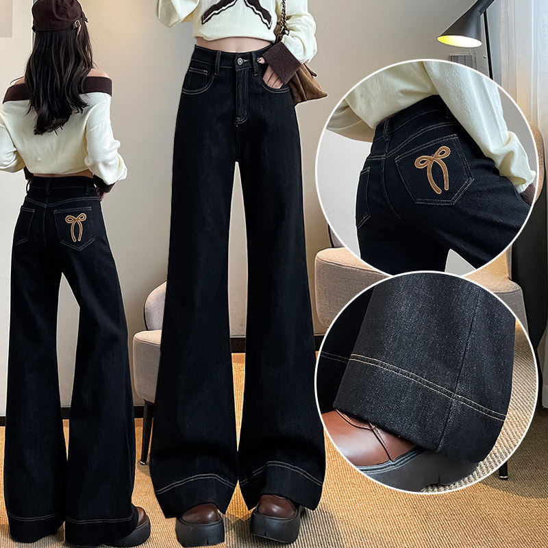 黑金色阔腿牛仔裤女2025冬季加绒加厚爆款遮肉大长腿蝴蝶结拖地裤,个性定制/设计服务/DIY,棉服工装,淘宝优惠券,粉丝福利购,淘宝优惠卷