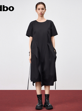 odbo/欧迪比欧时尚不对称裁剪设计连衣裙2024新款女夏季中长裙子