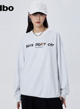 odbo 潮牌情侣装圆领灰色卫衣女春季新款宽松字母设计感上衣