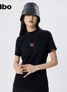 odbo 小高领短袖t恤女春新款修身甜酷独特上衣小众黑色潮牌