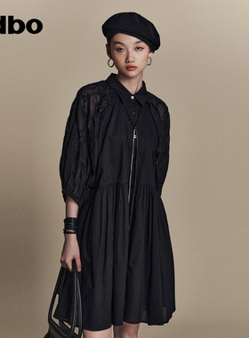 odbo/欧迪比欧原创设计感拼接七分袖黑色连衣裙女夏季新款