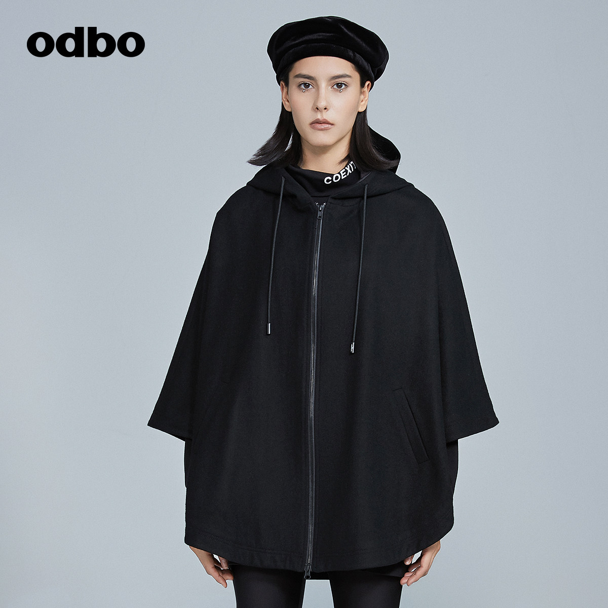 odbo双面羊绒连帽披风外套女秋冬百搭2022新款设计感毛呢大衣潮