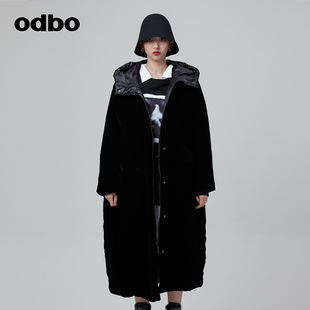 黑色高级感炸街羽绒服冬季 odbo 型好看 女鸭绒连帽中长款 版