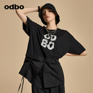 odbo 百搭上衣 拼接印花T恤女早秋新款 欧迪比欧原创设计感时尚