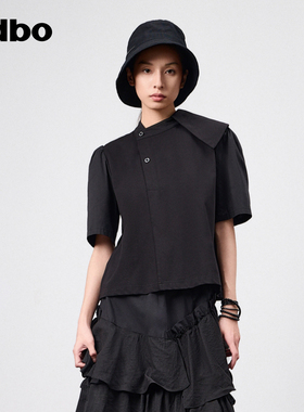 odbo/欧迪比欧小香风气质黑色短袖T恤女夏设计感中式古典立领上衣