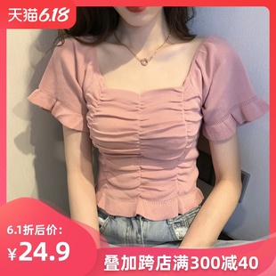 方领木耳边短袖针织衫女2020夏季新款洋气褶皱锁骨短款上衣ins潮