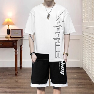 美式五分短袖T恤男短裤休闲套装男夏季青少年两件装穿搭配一整套