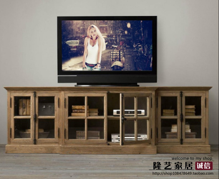 美式/法式/北欧乡村风格家具 天地锁玻璃六开门橡木做旧电视机柜