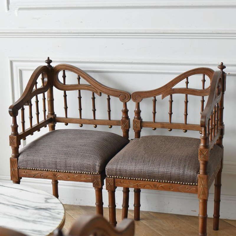 定制实木雕刻转角椅中古做旧罗马柱餐椅休闲观赏长凳软座美式乡村