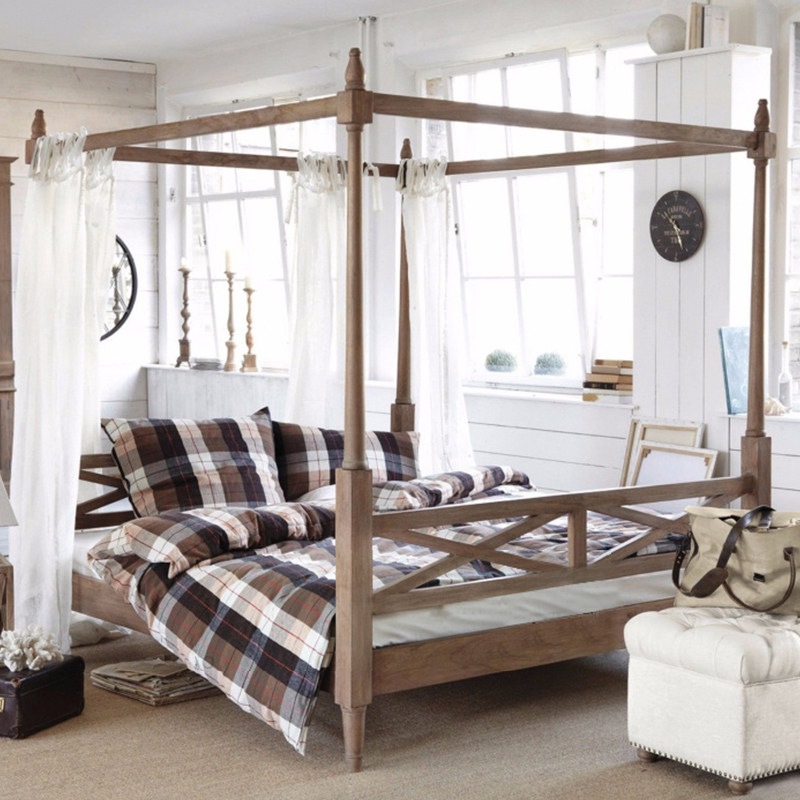 美式实木床法式乡村橡木田园主卧1.5米1.8米双人架子床简约四柱床