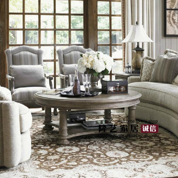 法式美式乡村实木复古做圆几茶桌休闲家具别墅客厅圆形茶几可定制