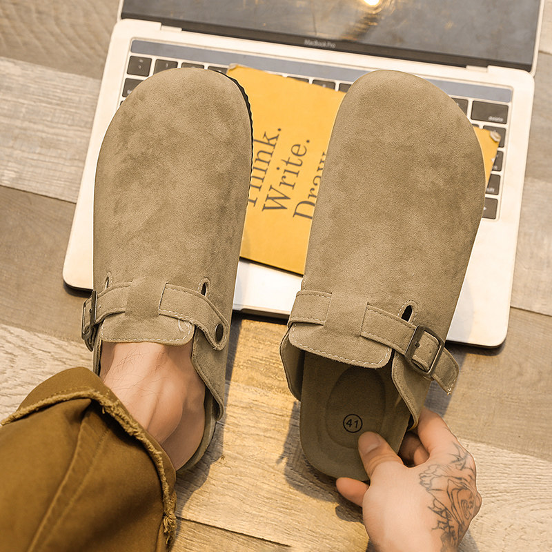 勃肯鞋男春季外穿复古懒人一脚蹬软木半拖防滑通勤办公室包头拖鞋