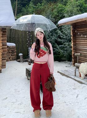 IKOON冬季新品抽绳380克磨毛红色小个子长裤子遮跨显瘦香蕉裤卫裤