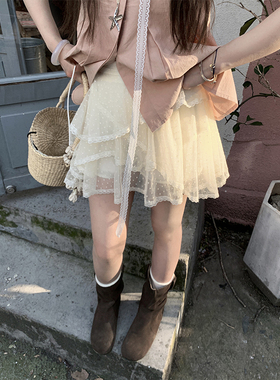 ikoon新品白色内搭叠穿波点网纱多层蕾丝裙花边秋冬短裙蛋糕裙女