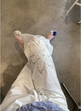 IKOON2025新款刺绣镂空水洗棉阔腿裤直筒休闲裤白色裤子女夏薄款