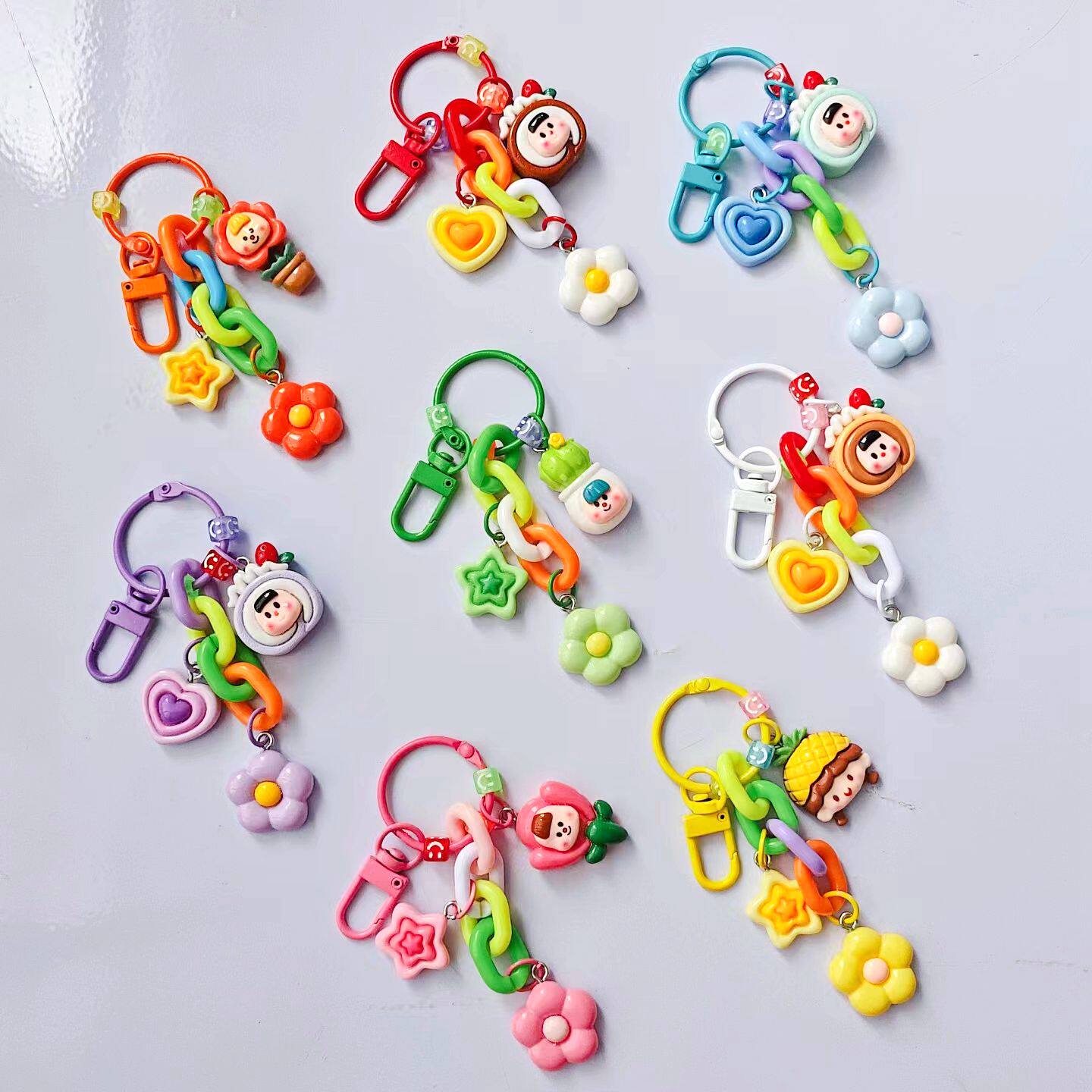 可爱创意娃娃头钥匙扣糖果色链条花朵配件包包挂饰学生情侣礼品
