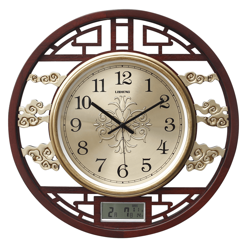 丽盛新中式实木挂钟静音客厅装饰家用时钟大气万年历挂表石英钟表