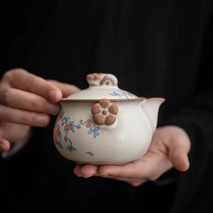 复古黄汝桃花蓝枝手抓壶宝瓶功夫茶具家用单个开片可养轻奢泡茶壶