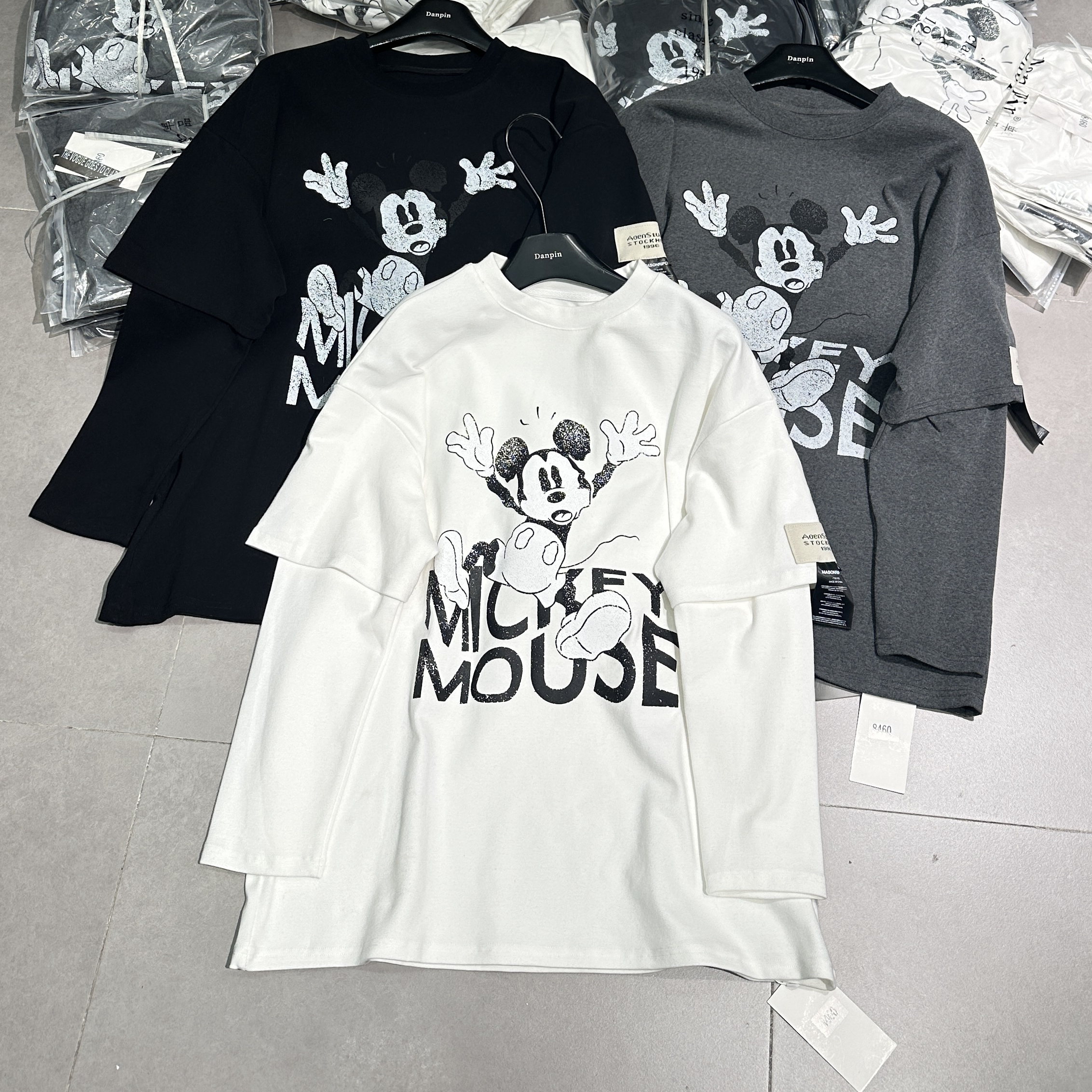 单品danpin 冬季新款假两件长袖t恤米奇印花拼接袖休闲宽松上衣女