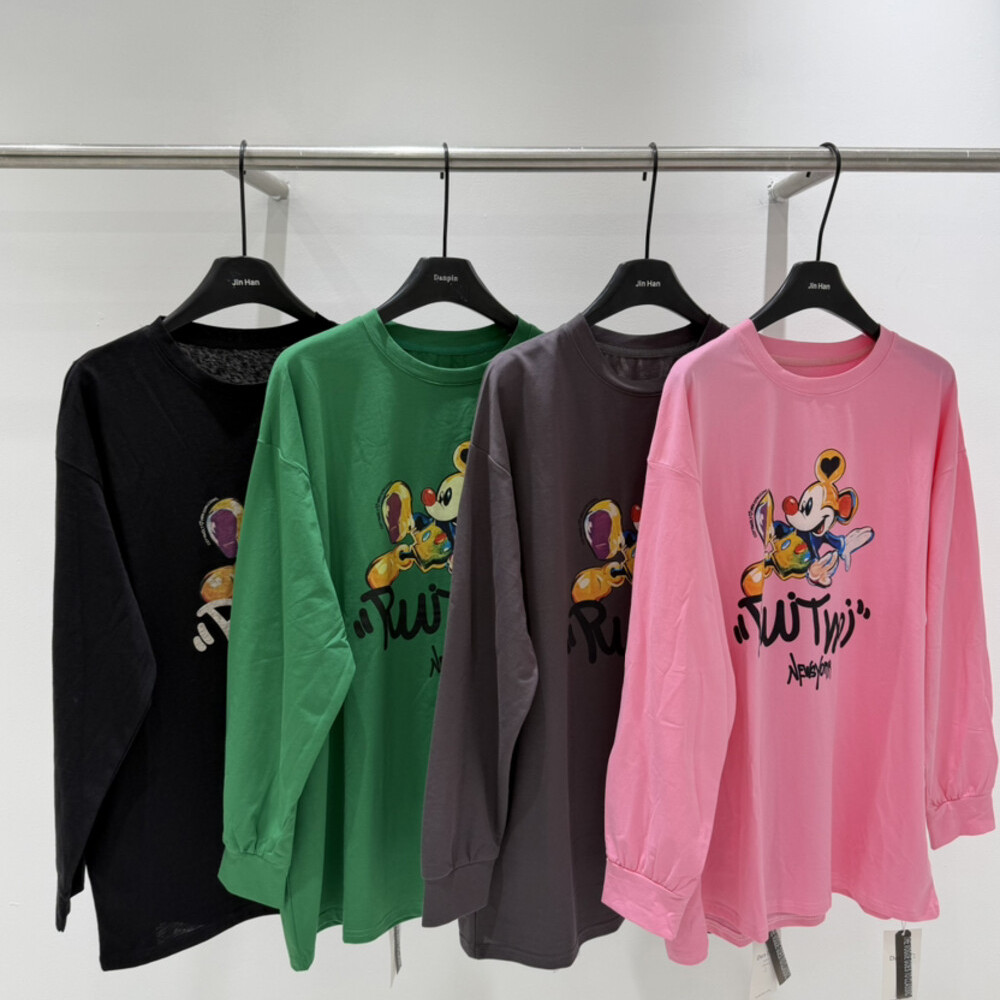 单品danpin 韩国东大门中长款米奇印花长袖T恤冬季新款青春上衣女