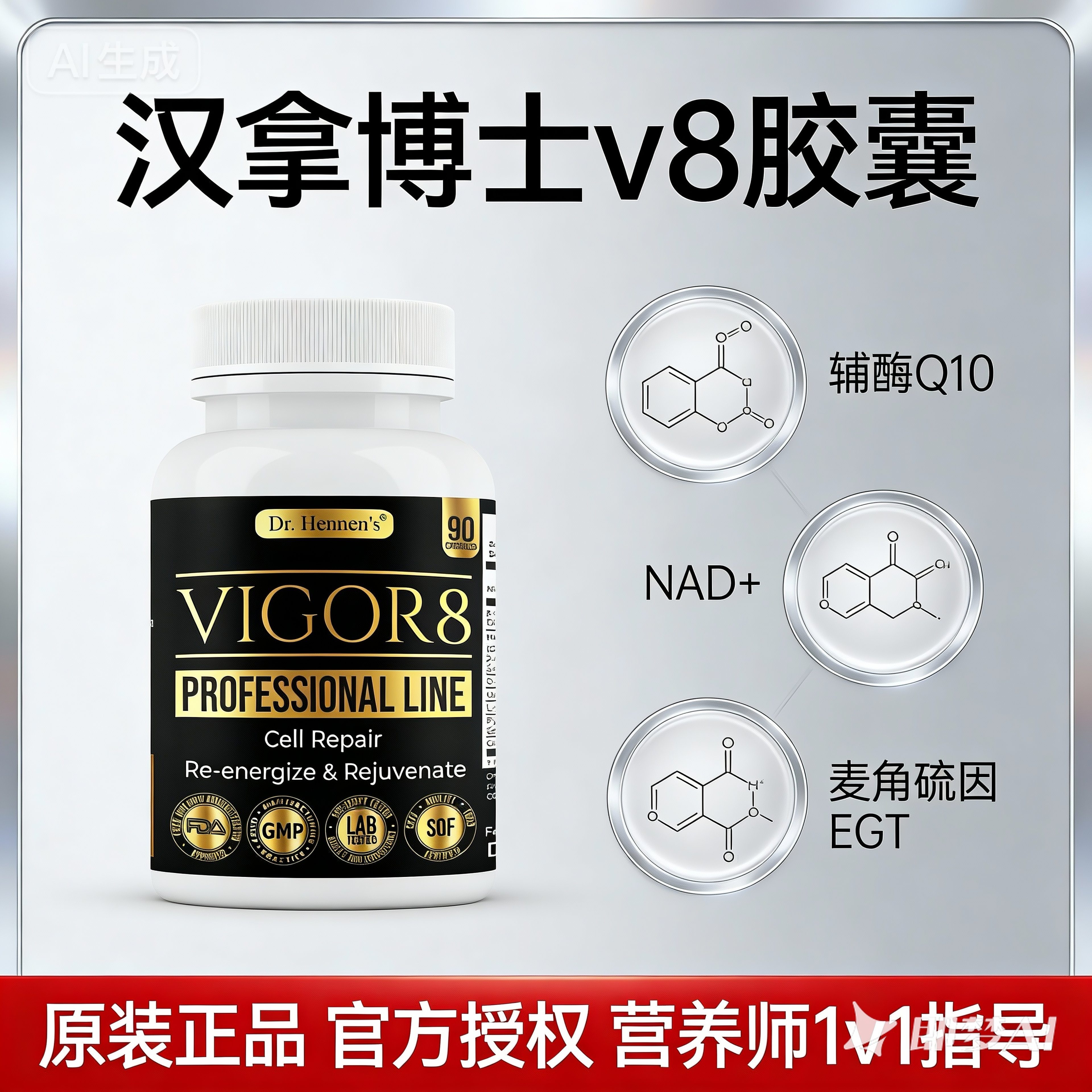美国Dr.Hennen's汉拿博士V8胶囊Vigor8麦角硫因NAD+烟酰胺辅酶Q10