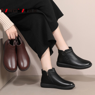 妈妈软底软面真皮棉鞋中老年平底短靴41大码女冬鞋43老人羊毛皮鞋