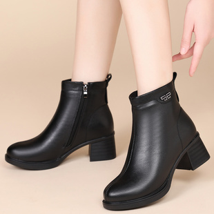 旺奈粗跟软底妈妈短靴加绒圆头女士靴子中年百搭中跟瘦瘦女靴清仓