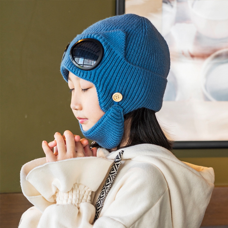 儿童帽子秋冬防寒滑雪针织帽帅气潮流个性飞行员眼镜毛线帽男女童