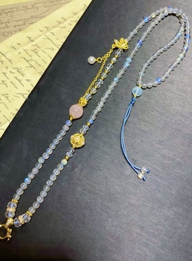 DIY天然灰月光石白水晶项链拉长石毛衣链泰牌链子水晶吊坠挂链