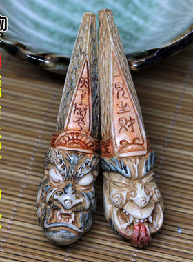 天然鹿角雕刻黑白无常吊坠彩色上色高密挂件项坠佛珠手串配饰配件