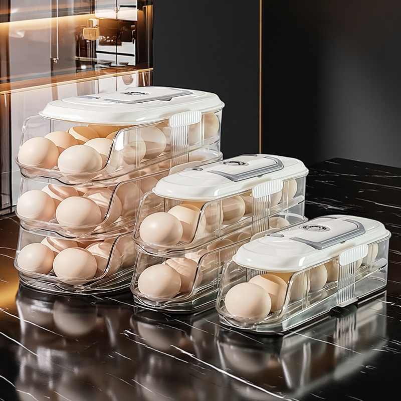 新滚动鸡蛋收纳盒冰箱用侧门放鸡蛋整理神器多层抽屉保鲜盒带提手