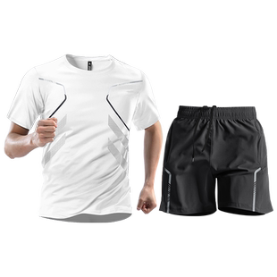 跑步运动套装男夏季冰丝速干衣短袖t恤羽毛篮球训练短裤健身衣服