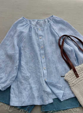 晴蓝色。自制高级强捻细纱酵洗色织薄软亚麻圆领七分袖衬衫女宽松